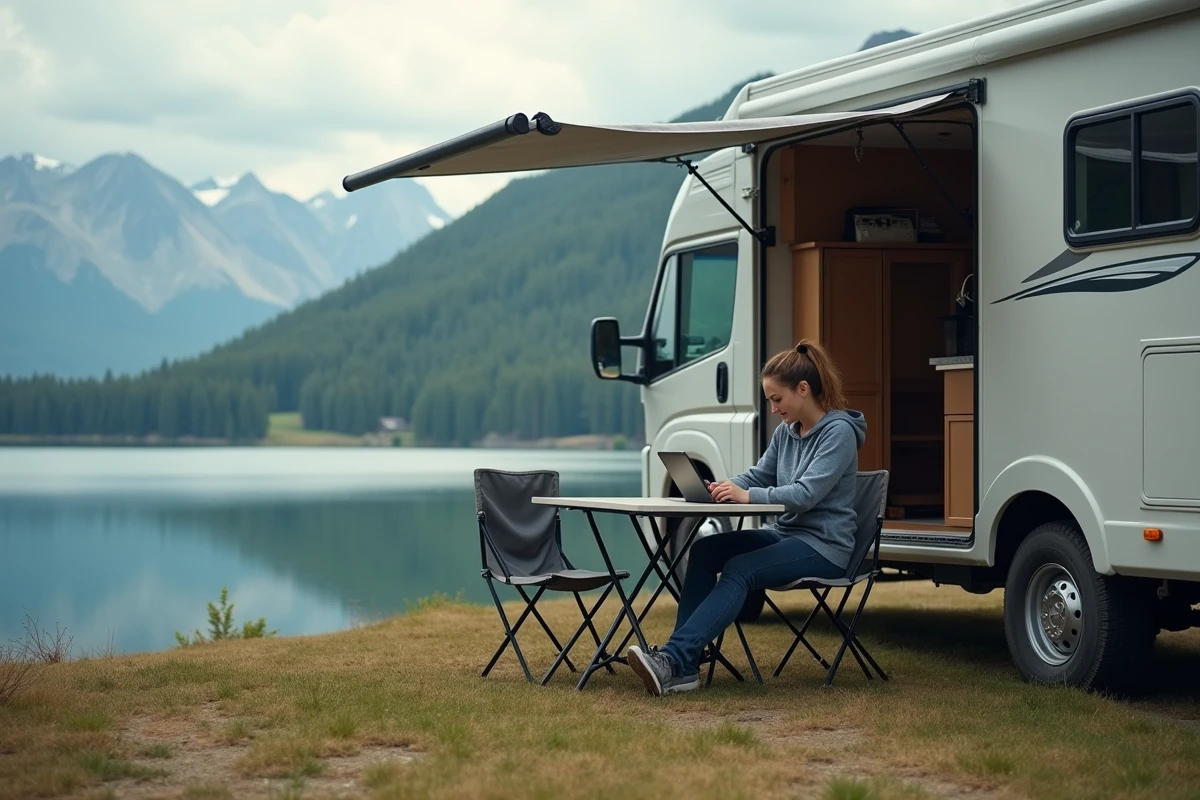 Femme travaillant près d’un camping-car au bord du lac