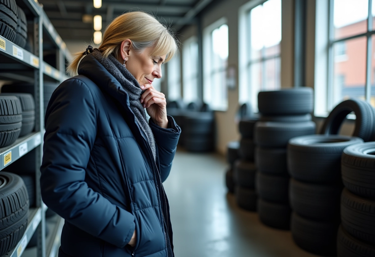 Femme lisant une affiche promotion dans un magasin auto