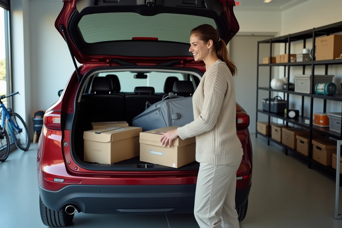 Femme organisant des valises dans le coffre d