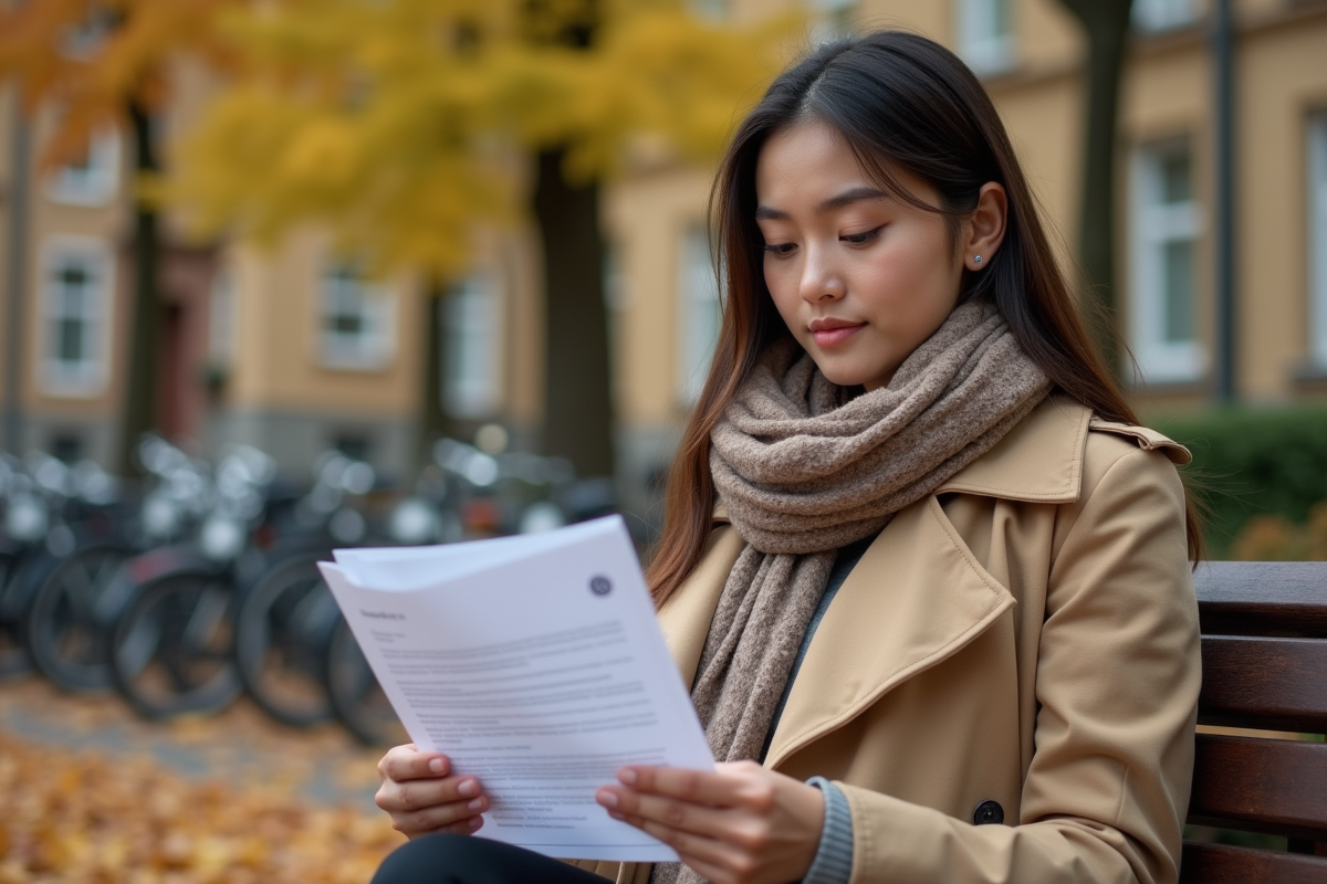 Jeune femme lisant des papiers sur un banc dans un parc urbain