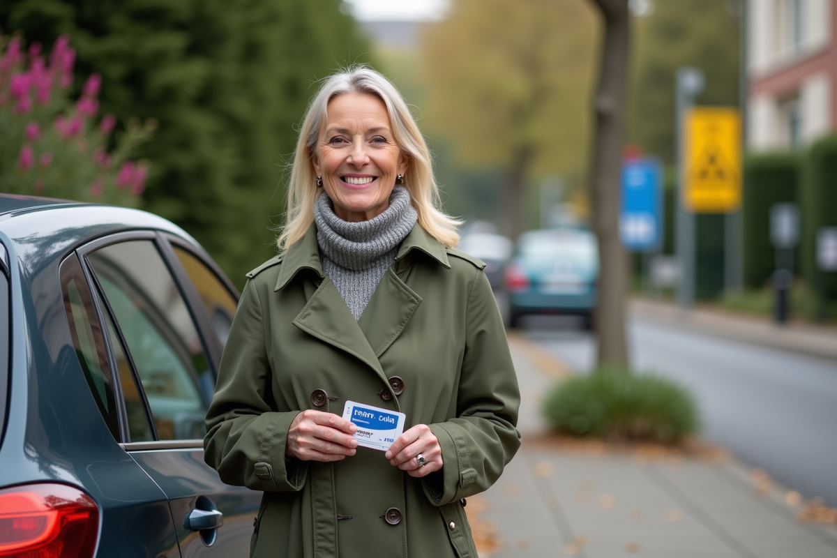 Femme souriante avec permis devant sa voiture dehors