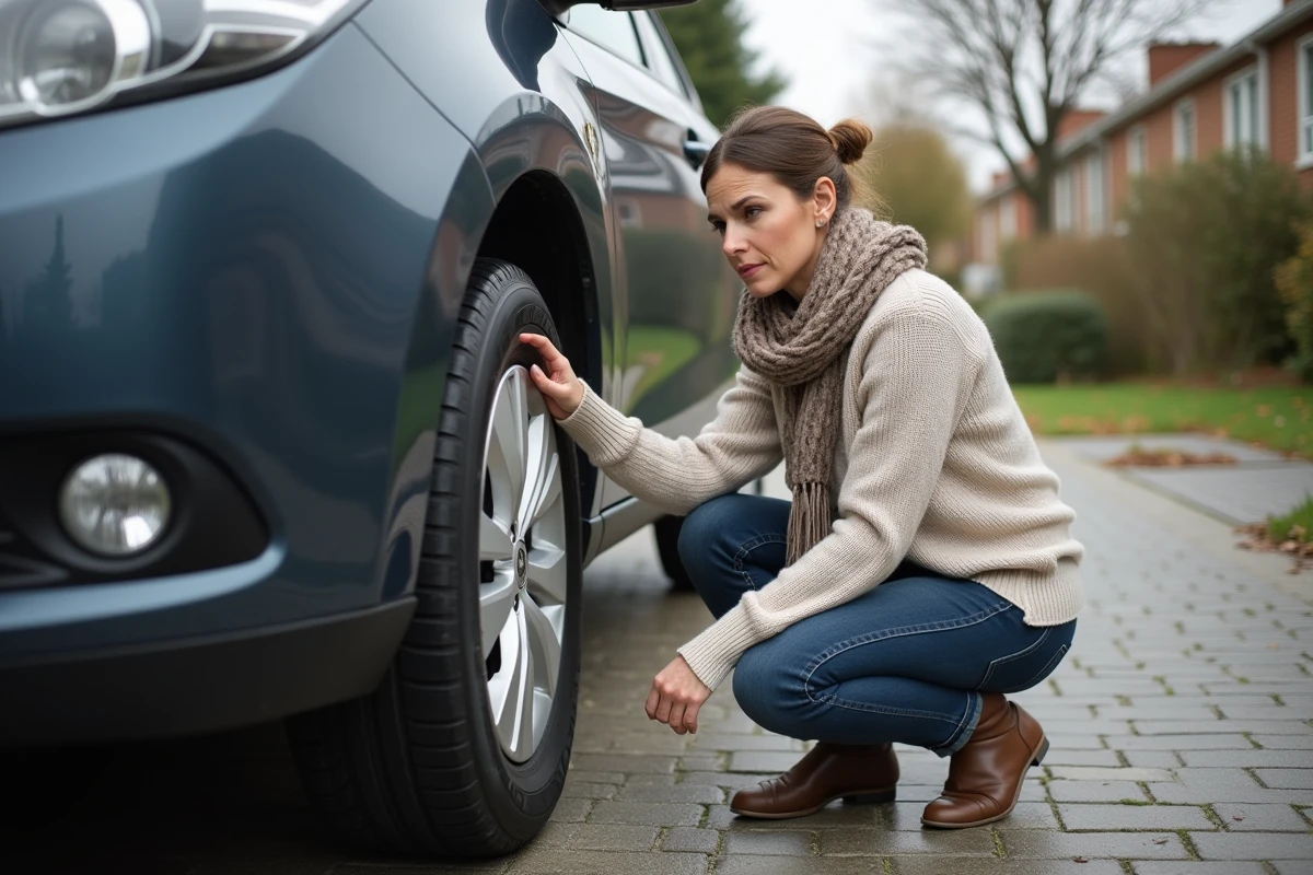 Femme vérifiant le pneu de sa voiture dans un cadre suburbain