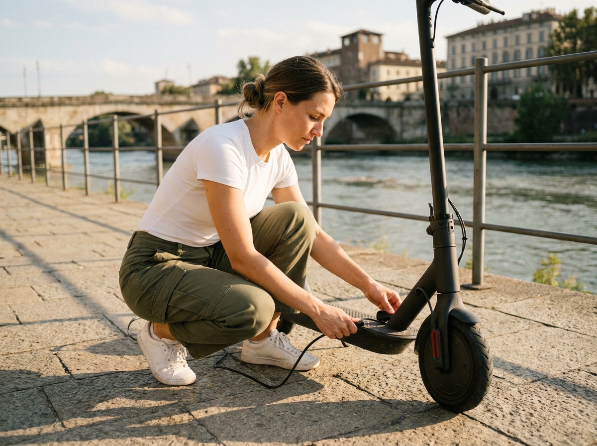 Femme rechargeant sa trottinette électrique sur une promenade au bord d'une rivière en ville