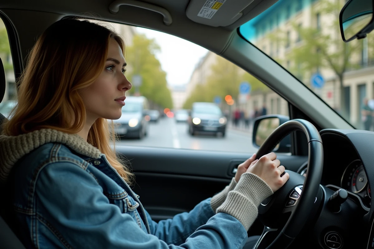 Jeune femme dans une voiture à Paris regardant par la fenêtre
