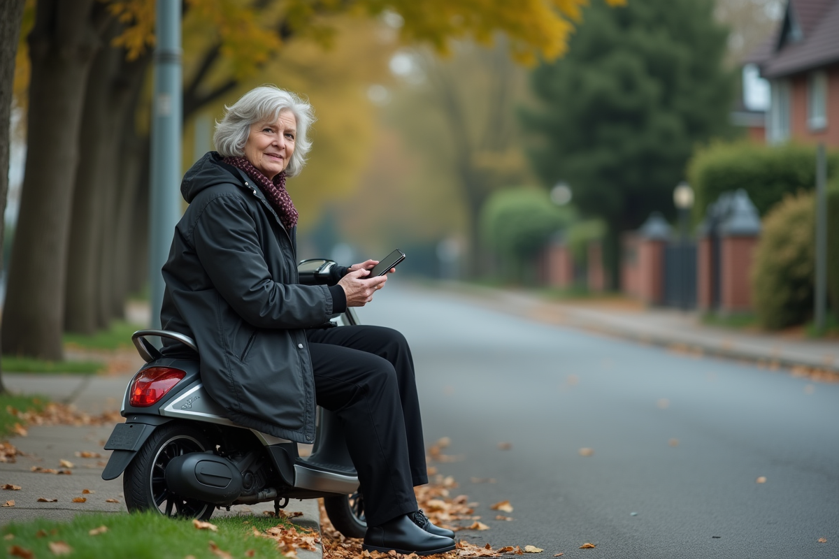 Femme assise sur scooter dans un quartier résidentiel