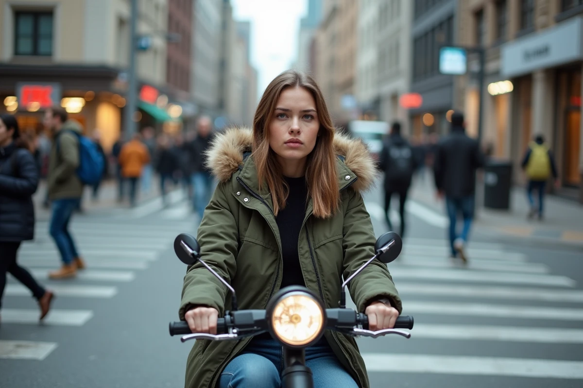 Jeune femme à scooter dans une intersection urbaine