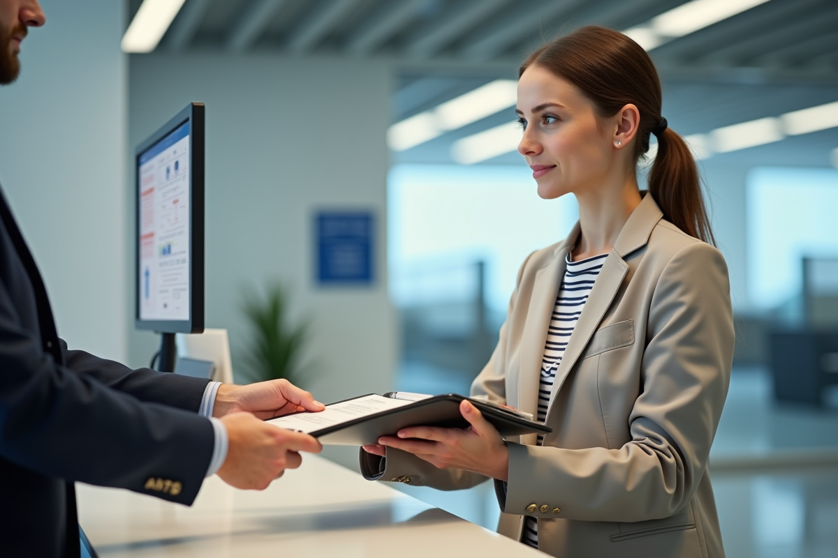 Jeune femme remettant un dossier à un agent administratif