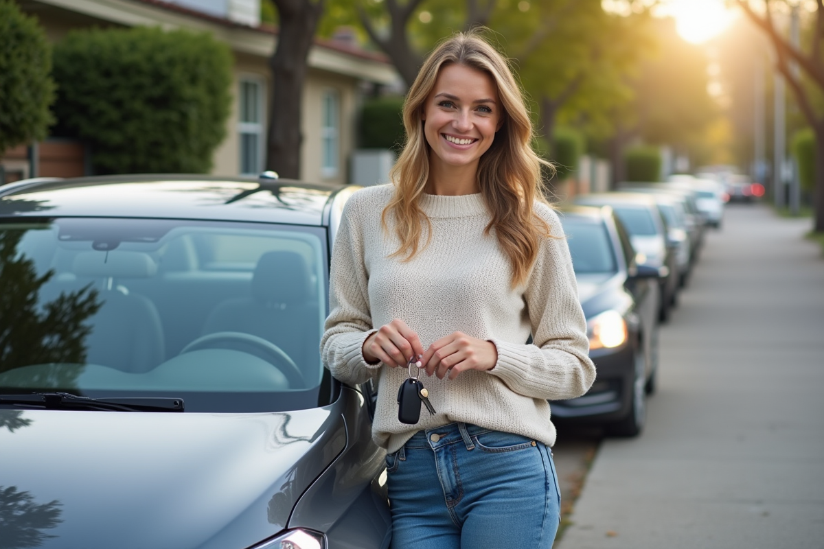 Femme souriante à côté de sa voiture dans la rue