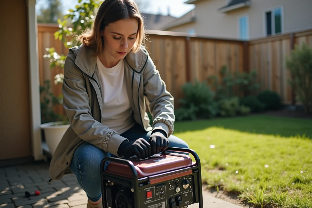 Femme allumant un générateur dans son jardin