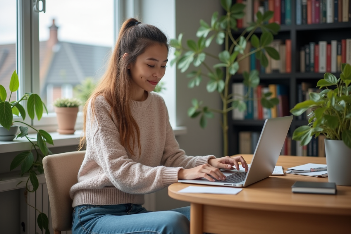 Jeune femme saisissant ses kilomètres sur ordinateur