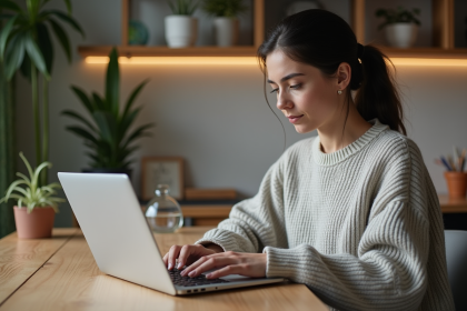 Femme utilisant un ordinateur portable dans sa cuisine moderne