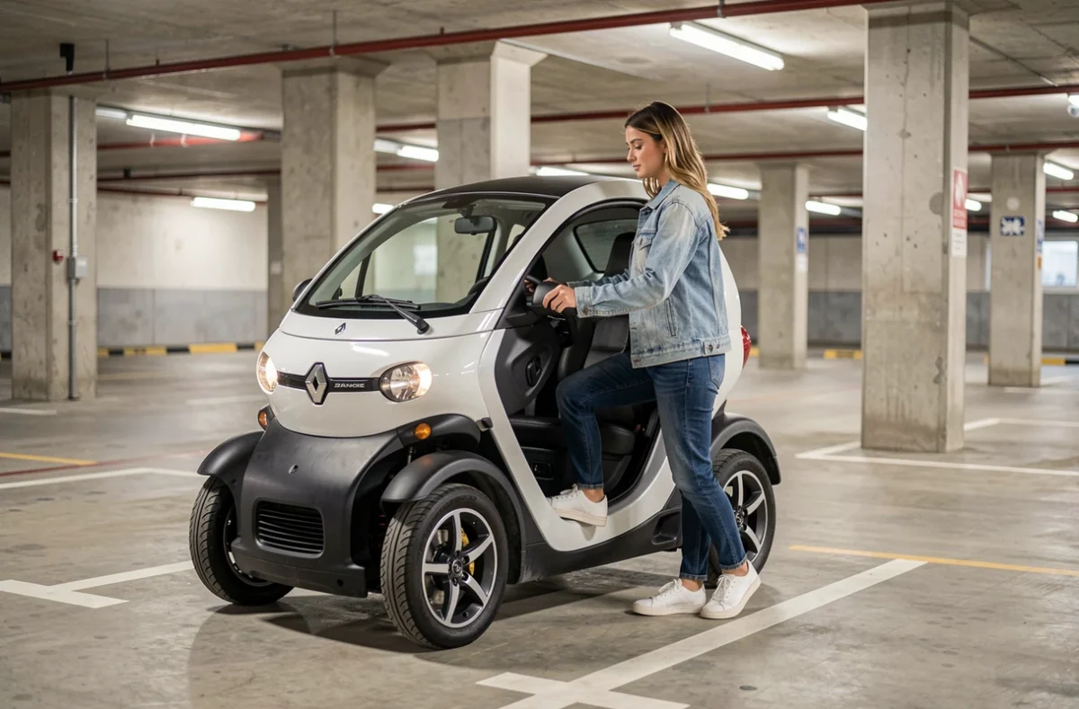 Femme entrant dans une Renault Twizy blanche dans un parking souterrain moderne