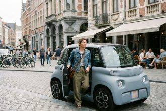 Jeune femme urbaine sortant d'une microcar électrique moderne
