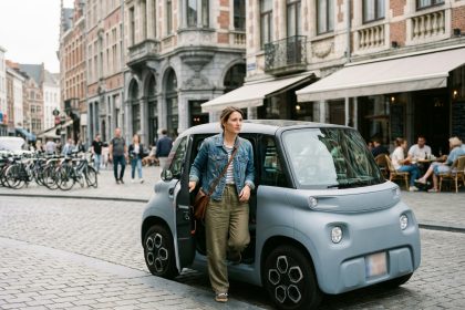 Jeune femme urbaine sortant d'une microcar électrique moderne