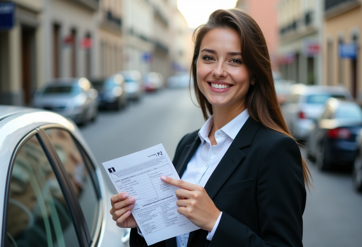 Jeune femme souriante montre la section P2 de sa carte grise à l