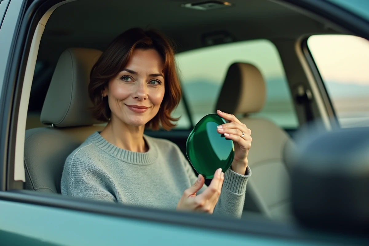 Femme inspectant sa vignette Crit'Air avant de la coller sur le pare-brise de sa voiture d'occasion