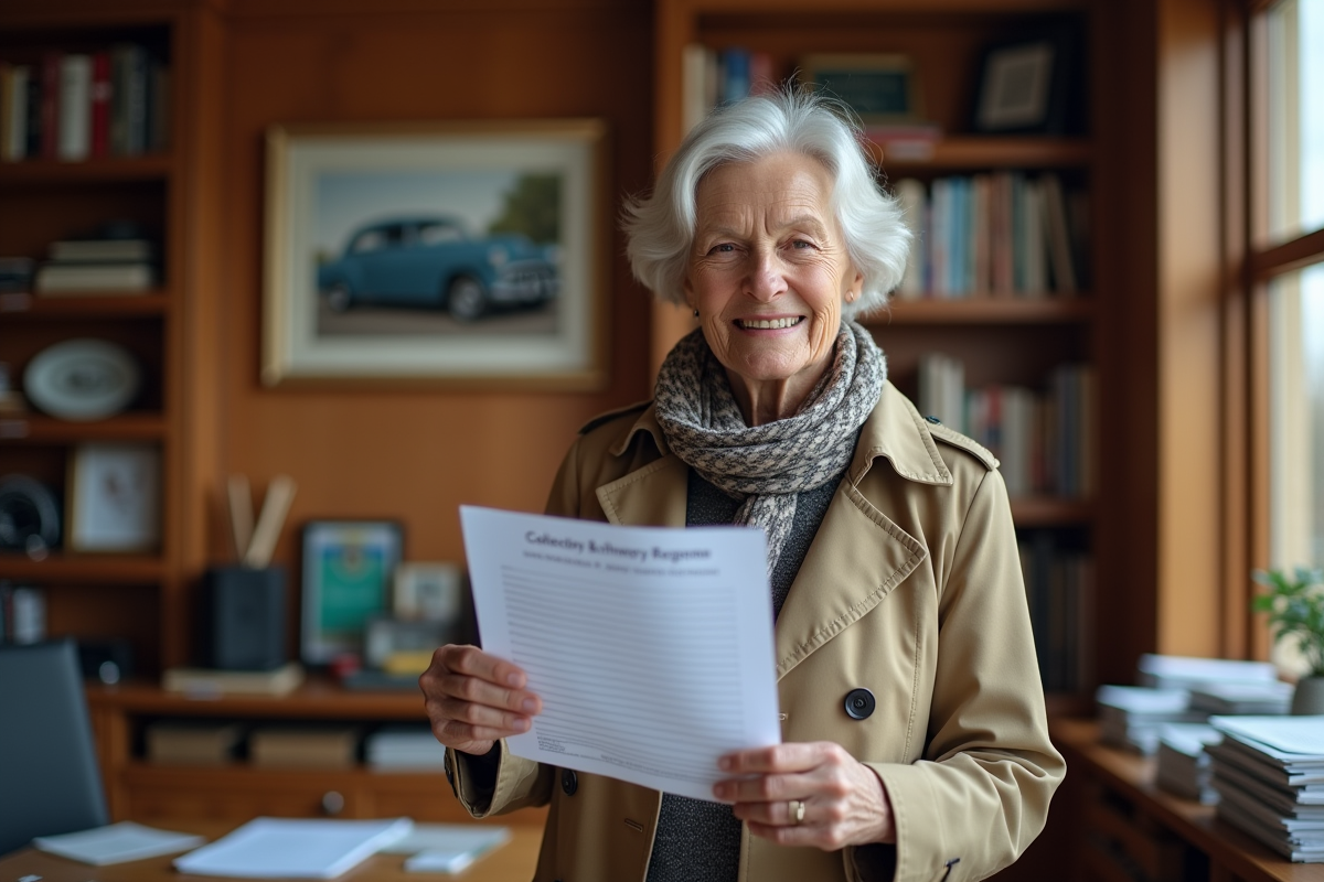 Femme souriante dans un bureau avec photo de voiture vintage