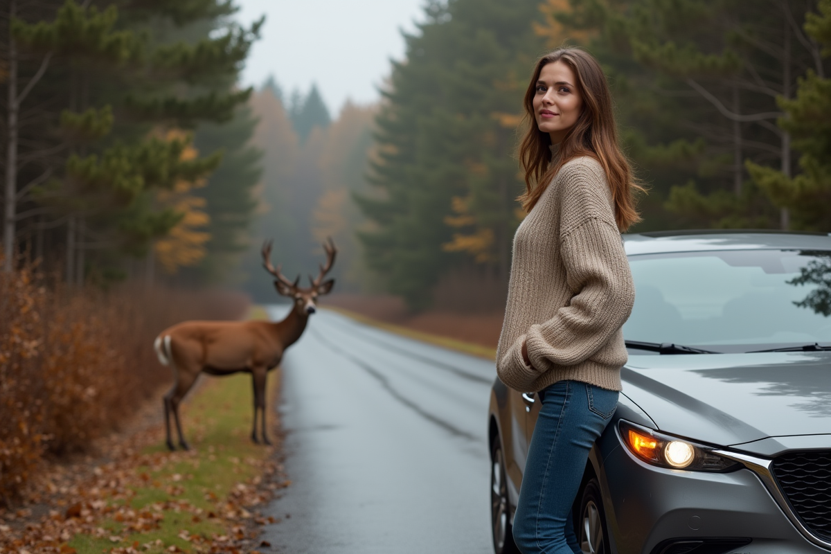 Femme près de sa voiture avec un cerf dans la nature automnale