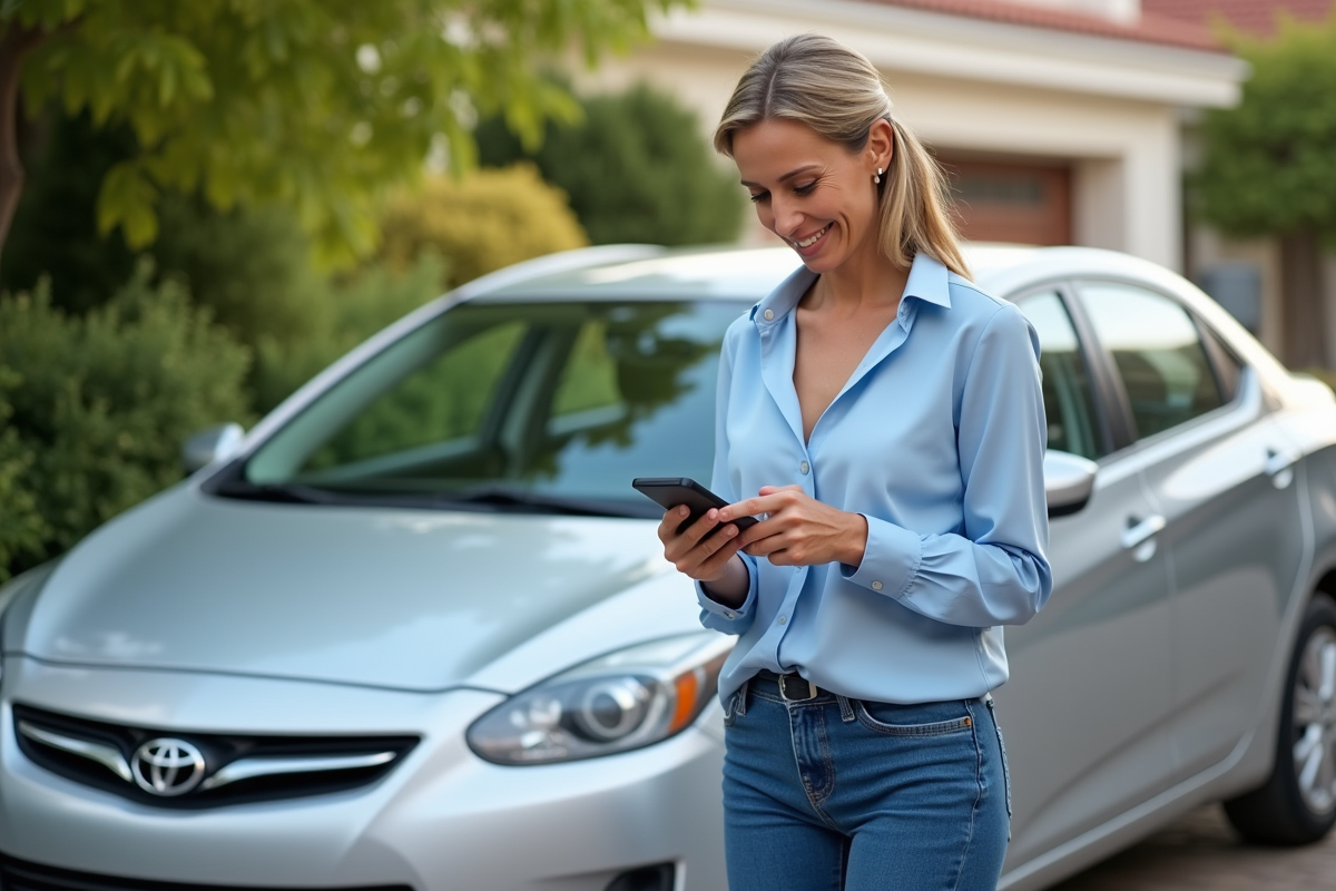 Femme dehors avec sa voiture en train de faire une declaration