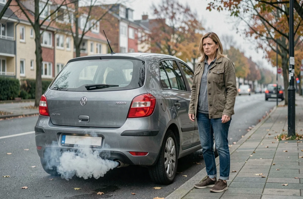 Femme inquiète observant la fumée blanche s'échappant du pot d'échappement de sa voiture diesel en panne dans une rue urbaine