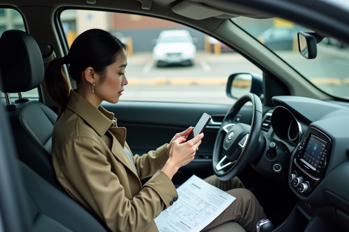 Jeune femme dans la voiture regarde son smartphone