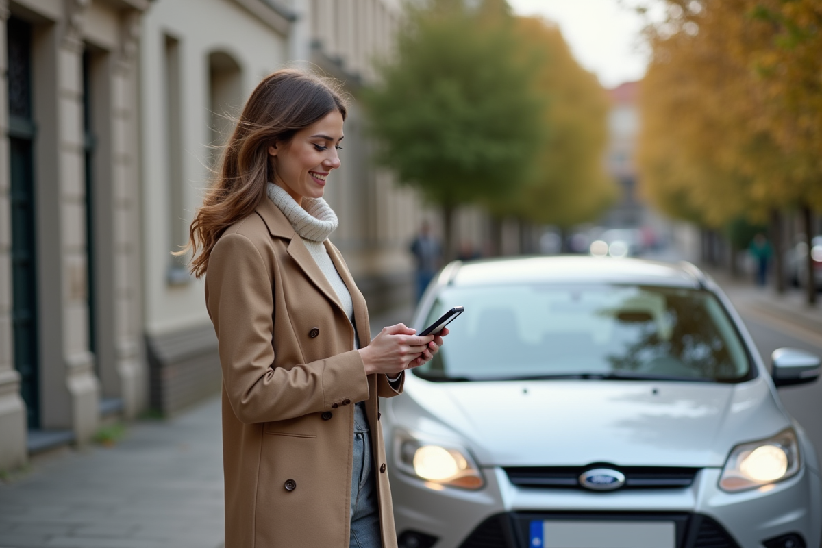 Femme souriante utilisant son smartphone à côté d