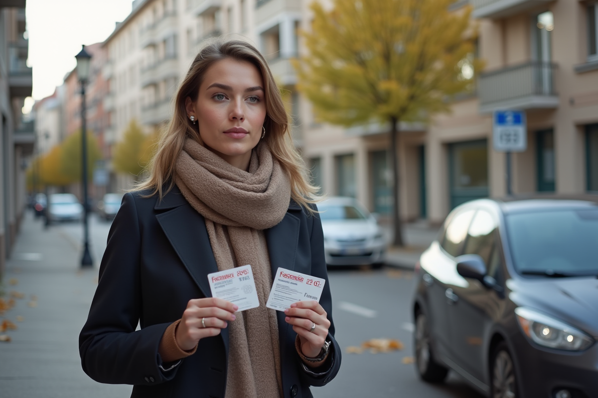 Jeune femme vérifiant documents auto dans la rue urbaine