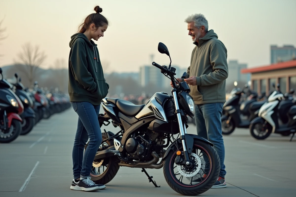 Fille de 14 ans discutant avec un vendeur de moto