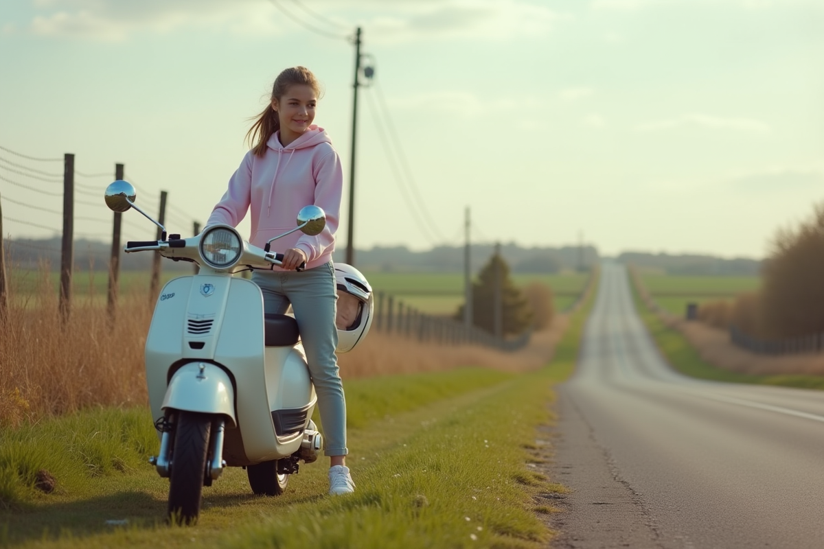 Adolescente avec casque près d un scooter en campagne