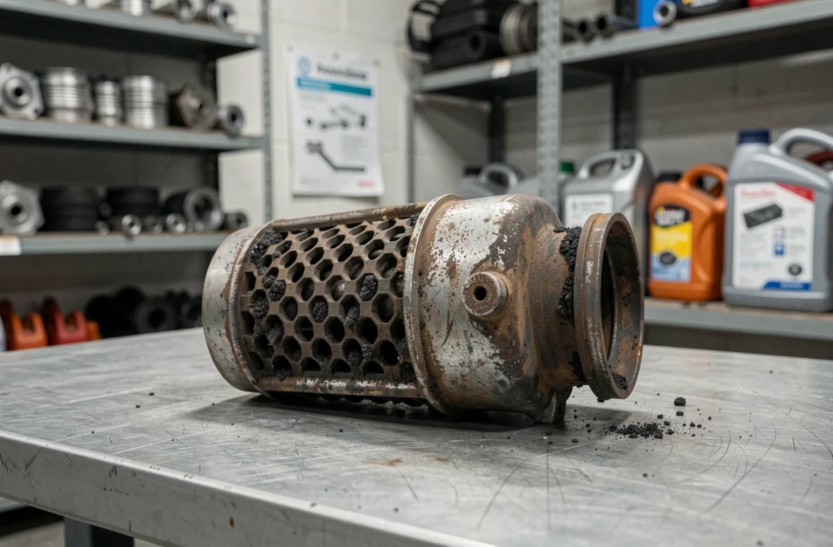 Filtre à particules diesel démonté posé sur un établi d'atelier automobile montrant des dépôts de suie et une structure céramique encrassée