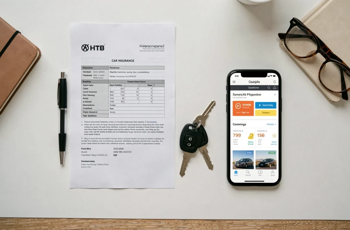 Flat lay d'un contrat d'assurance auto, de clés de voiture et d'un smartphone sur un bureau blanc