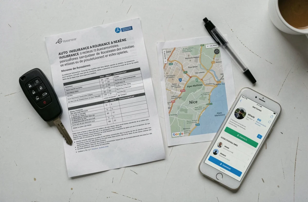 Vue de dessus d'un bureau avec documents d'assurance auto, carte de Nice et clé de voiture pour comparer les offres