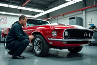 Mécanicien inspectant une Ford Mustang 1969 rouge dans un garage de contrôle technique français