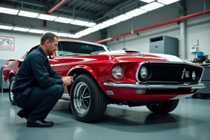 Mécanicien inspectant une Ford Mustang 1969 rouge dans un garage de contrôle technique français