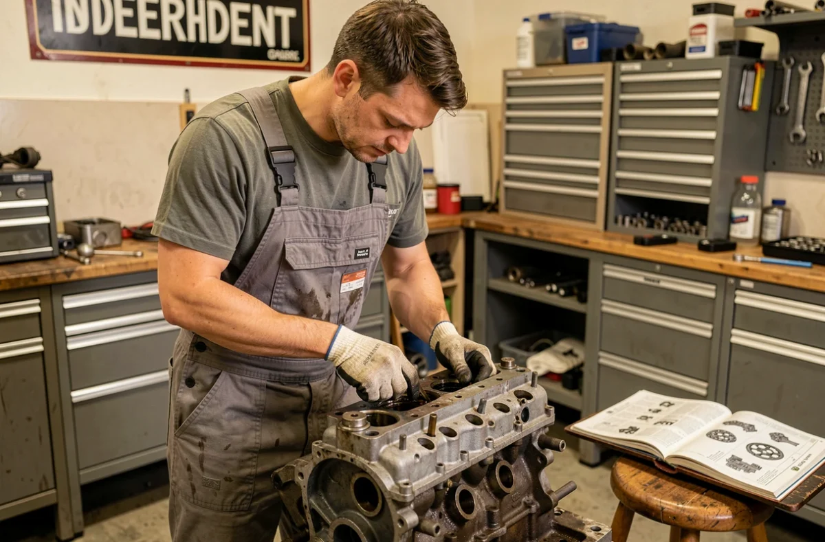 Mécanicien indépendant travaillant sur un moteur dans l'atelier du Garage Thibault à Carquefou
