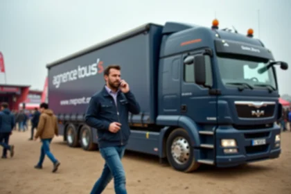 Homme d'âge moyen parlant au téléphone près d'un camion événementiel