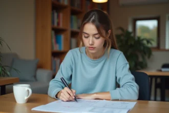 Jeune femme étudiant une grille d'évaluation du permis de conduire à son bureau
