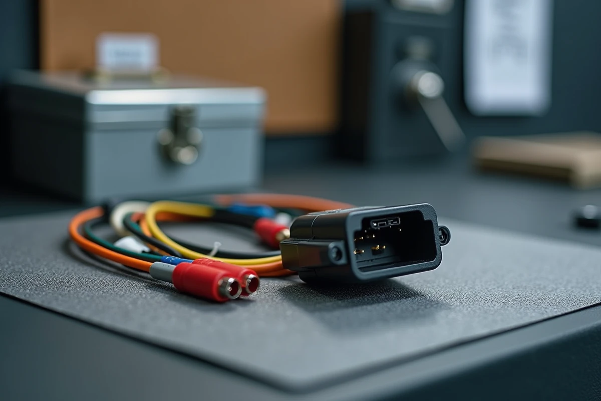 Gros plan sur le faisceau ISO et les fils colorés d'un autoradio Peugeot posés sur un plan de travail d'atelier