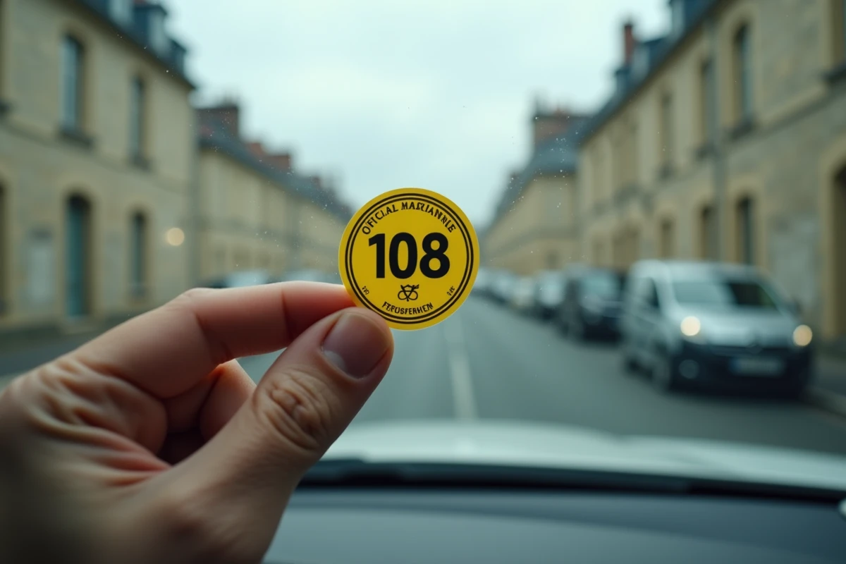 Gros plan sur une vignette Crit'Air jaune collée sur le pare-brise d'une voiture avec le pouce