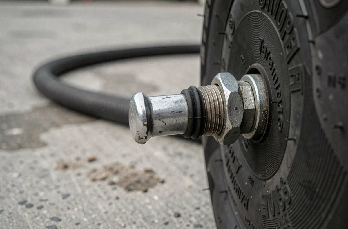 Gros plan sur une valve de pneu avec l'embout de gonflage correctement positionné sans endommager le caoutchouc