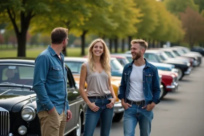Groupe de passionnés de voitures anciennes en extérieur