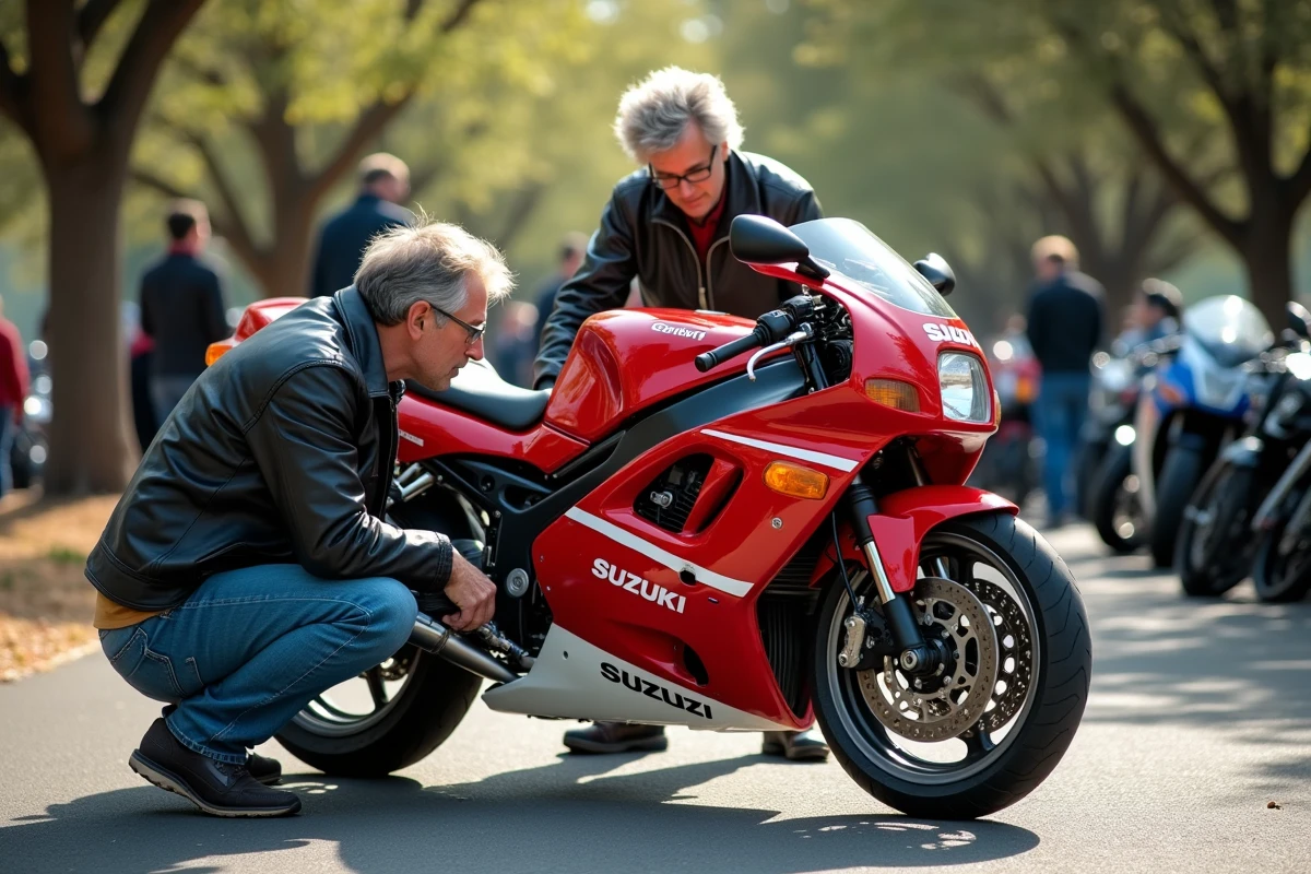 GSXR 1100 1992 présentée lors d'un rassemblement de motos classiques, entourée d'amateurs et de collectionneurs passionnés