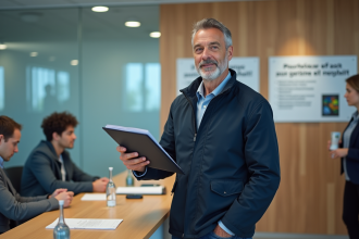 Homme d'âge moyen présentant un document à un guichet administratif