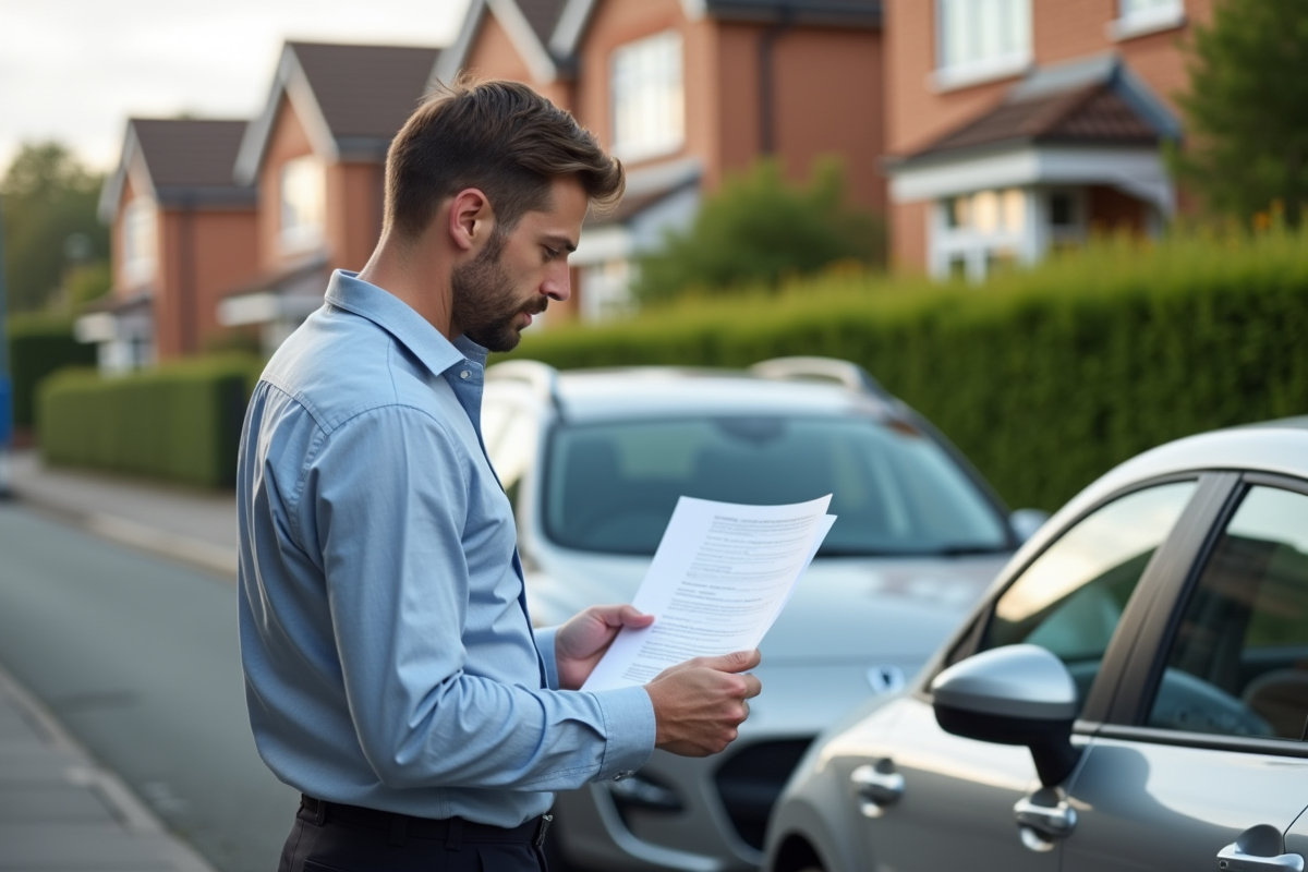 Homme d'affaires examinant des papiers près de sa voiture