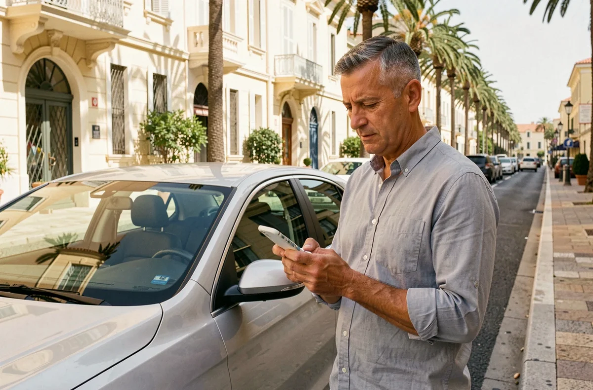 Homme consultant une application de comparaison d'assurance auto sur smartphone devant sa voiture à Nice