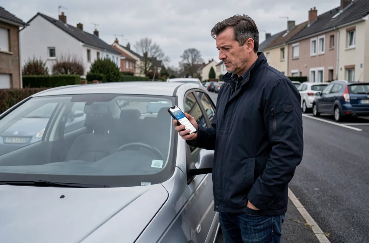 Homme consultant une application d'assurance auto sur smartphone devant sa voiture, options de paiement fractionné