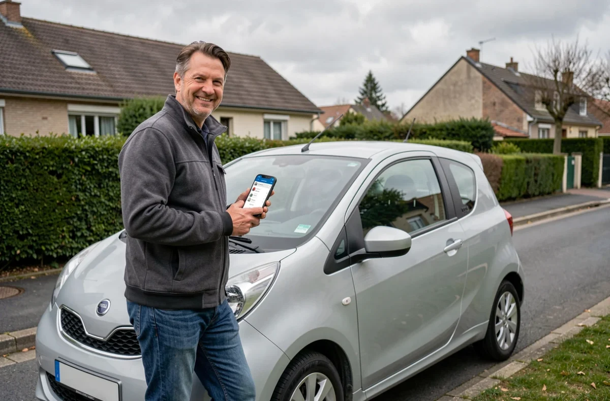 Homme tenant un smartphone avec une application d'assurance auto à côté de sa voiture dans une rue résidentielle