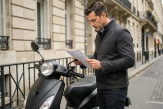 Homme consultant son contrat d'assurance scooter sur un trottoir parisien