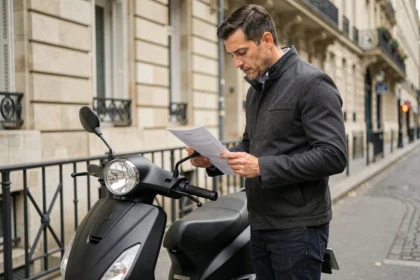 Homme consultant son contrat d'assurance scooter sur un trottoir parisien