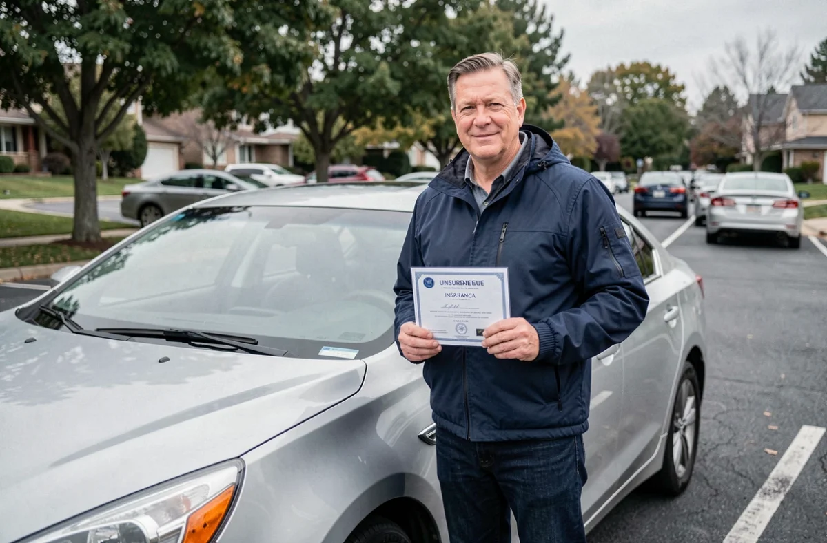 Homme tenant son attestation d'assurance auto devant sa voiture pour faire valoir son bonus conducteur